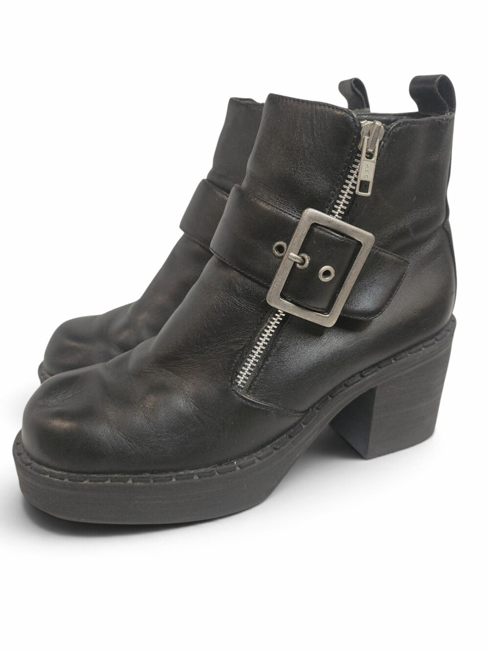 Vintage Unreal Black Leather Buckle Zip Ankle Boots